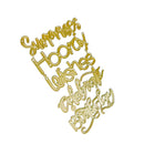 Gold metallic script lettering spelling out 'Surprise! Hooray! Leishies! Celebrate! Birthday!' on a plain white background.