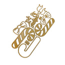 A gold-colored metal die-cut craft embellishment featuring holiday motifs including candy canes, bows, a snowman, and the word 'Merry' on a plain white background.