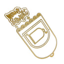 Gold metal die-cutting template set featuring a 'Merry Christmas' script piece and a scalloped rectangular frame with nested shapes, shown on a plain white background.