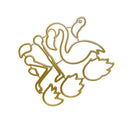 A gold-colored metal wire cutout of a flamingo with its wings spread, set against a plain white background.