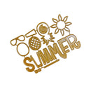 A gold-colored metal summer-themed decorative plaque featuring the word 'SUMMER' with icons of sunglasses, a beach ball, a spiral shell, a sunburst, and a sunflower, shown on a plain white background.