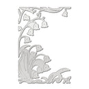 A silver metal die-cut decorative letter E featuring a lily of the valley floral design, shown on a solid white background.