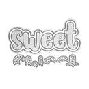 A silver metal die-cut sign spelling 'sweet treat' in stylized bubble lettering, shown on a plain white background.