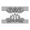 A black and white line art graphic featuring three patterned candles, bows, holly, and decorative leaves, presented on a white background with gray horizontal bars at the top and bottom.