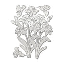 A silver metal die-cut floral design featuring daffodils and leaves, shown on a plain white background.