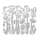 A set of silver metal floral die-cutting templates featuring various poppy and wildflower designs, arranged on a plain white background.