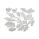 A set of silver metal holiday dies featuring holly leaves, pine needles, and berry clusters, arranged on a plain white background.