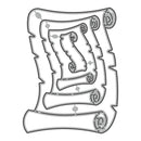 A black and white line art illustration of a spiral scroll or parchment design on a plain white background.