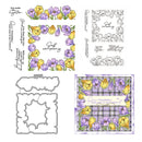 Floral design elements including stamps, dies, and a printed card with text and flowers.