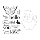 Clear stamp set featuring a butterfly design and various quote phrases including 'hello', 'thank you', 'life is beautiful', and 'feel better soon' on a white background.