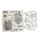 Clear stamp set featuring floral and botanical illustrations with inspirational quotes, shown alongside a matching metal die cut on a plain white background.