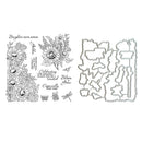Clearing set featuring floral and script stamps on the left and matching metal die-cut cutting mats on the right, shown on a plain white background.
