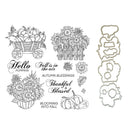 Clearing board for a fall-themed stamp set or die set, featuring black line-art illustrations of pumpkins, sunflowers, a wagon, and autumn phrases, plus three die-cut stamp shapes shown on the right against a white background.