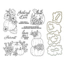 Black and white autumn-themed stamp set featuring pumpkins, flowers, leaves, and decorative text, with three metal die-cut stencils shown on the right against a plain white background.