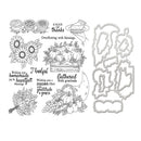 Clearing board sheet for a fall harvest themed stamp set, featuring various pumpkin, sunflower, leaves, cupcakes, and autumn-themed text stamps alongside matching metal cutting dies on a white background.