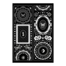 Black and white gothic-style decorative print featuring ornate lace-like borders, butterflies, roses, stars, moons, and circular mandala motifs arranged in two vertical panels on a white background.