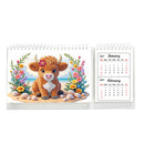 A spiral-bound desk calendar showing January and February 2027 on the right, with a decorative illustration of a brown cow surrounded by flowers and shells on the left. The design has a clean white background.
