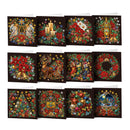 A set of 12 Christmas-themed square cards arranged in a 3-by-4 grid on a white background. Each card features a different festive design with gold glitter-style details, including angels, candles, flowers, ornaments, stockings, a wreath, a decorated tree, an arched window, baubles, and a night scene.