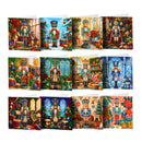 A set of 12 Christmas nutcracker art prints or cards arranged in a 3x4 grid, each featuring a different colorful festive nutcracker scene with gifts, trees, and holiday decorations.
