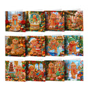 A set of Christmas gingerbread-themed greeting cards arranged in a grid. The cards feature various festive illustrations of gingerbread people, gingerbread houses, candy canes, snow globes, and holiday scenes in warm reds, greens, browns, and whites.