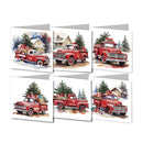 Six Christmas-themed greeting cards arranged in a grid, each featuring a red vintage pickup truck carrying a Christmas tree with wrapped gifts, set against snowy houses and trees.