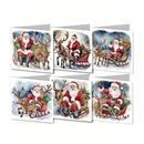 Six Christmas greeting cards arranged in two rows on a white background. Each card features a watercolor-style illustration of Santa Claus in a sleigh with reindeer or a Christmas tree, in different holiday poses.