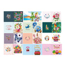 A grid of 24 colorful birthday-themed greeting card designs, featuring tropical beach scenes, flowers, butterflies, cupcakes, balloons, and birthday messages on pastel and solid backgrounds.