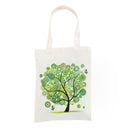 An off-white canvas tote bag featuring a colorful graphic of a stylized tree made of green and yellow circular patterns, set against a plain white background.
