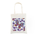 An off-white canvas tote bag featuring a colorful printed graphic of two patterned butterflies and purple flowers on a white background.
