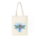 An off-white canvas tote bag with two shoulder straps, featuring a colorful watercolor-style dragonfly design in blue, purple, and green on the front, set against a plain white background.