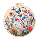 Embroidery hoop with colorful floral and butterfly design on a white background