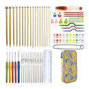 Collection of knitting and crochet tools including needles, hooks, and a case on a white background