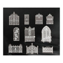 A set of nine white metal garden gate and fence designs displayed against a solid black background.