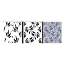 Three rectangular wallpaper or fabric swatch panels shown side by side on a white background. The left panel has black botanical leaf silhouettes on white.