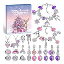 A Christmas-themed jewelry set displayed on a white background, featuring a pastel advent calendar with a decorated tree and reindeer, plus multiple silver-toned charms and beads in pink, purple, and white. The charms include snowflakes, bells, owls, unicorns, rainbows, and holiday motifs.