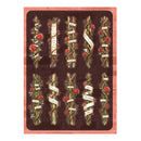 A decorative art print featuring twelve vertical rose-styled banners with vintage script text, arranged in two rows on a dark brown background with a pink border.