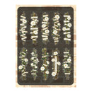 A sheet of decorative stickers featuring vintage-style floral arrangements with white roses, green leaves, and small cream banners with text, arranged in two rows on a dark background with a distressed beige border.