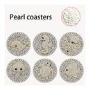 Six round pearl coasters with sea creature designs, including a whale, seahorse, octopus, jellyfish, turtle, and fish, arranged on a light background with a circular inset showing the pearl texture.