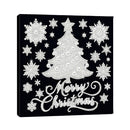A square black canvas wall art print featuring a silver rhinestone Christmas tree, snowflakes, stars, and the words 'Merry Christmas' in silver script, shown at a slight angle against a white background.