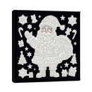A square black canvas wall art print featuring a white rhinestone-style Santa Claus surrounded by holiday motifs including snowflakes, candy canes, stars, and gifts, shown against a plain white background.