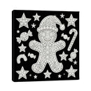 A square black canvas wall art print featuring a white rhinestone-style gingerbread man surrounded by stars, candy canes, and sweets on a black background.