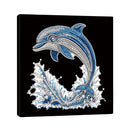 A square black canvas wall art piece featuring a stylized dolphin jumping above white and blue splashing waves, made with rhinestone-like dots. The canvas is shown at a slight angle against a plain white background.