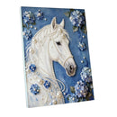 A square canvas wall art print featuring a white horse adorned with pearl-like beads and surrounded by blue hydrangea flowers on a textured blue background.