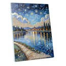 A textured canvas painting depicting a starry night sky over a lake with a village, trees, and a winding path, rendered in an impressionistic style with blue, white, yellow, and green tones.