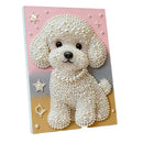 A diamond painting canvas featuring a white poodle made of white pearls and beads, set against a pink, gray, and gold gradient background with pearl stars.