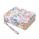 A square zippered clutch or organizer case with a colorful floral print on a white background, featuring a matching wrist strap with a silver metal clasp.