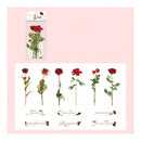 A sheet of floral stickers featuring red roses in various stages of bloom with decorative text strips, shown alongside the retail packaging on a light pink background.