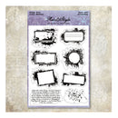 A sheet of clear stamp designs with black distressed frame and label outlines, mounted on a lavender card from Kelsie & Style Mini Creations Party Crafts, shown against a textured beige background.