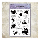 A sheet of scrapbooking stamps by Retro Style Party Crafts, featuring black ink splatters and various quote phrases on a white background with a lavender header card, set against a textured beige backdrop.
