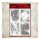 A sheet of four black-and-white scrapbooking stamp designs from the brand MetaStyle, featuring stripes, spiderwebs, floral patterns, and diamonds, presented on a textured beige background.